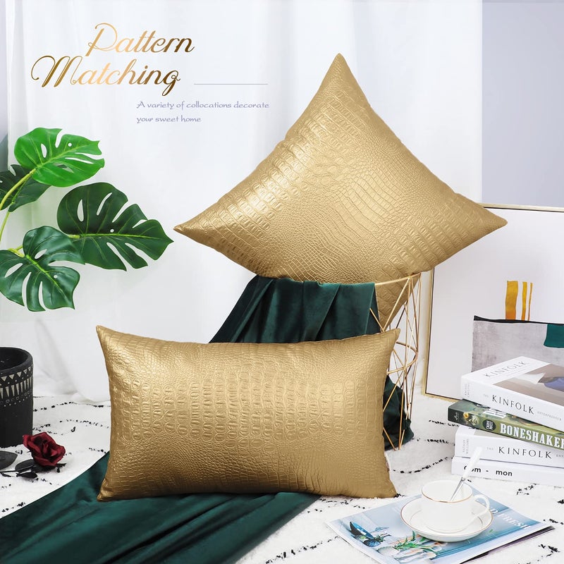 BRAWARM Faux Leather Pillow Covers 20 X 20 Inches, Gold Leather Pillow Covers Pack of 2, Crocodile Leather Decorative Throw Pillows for Living Room Couch Bed Sofa Home - Image 3